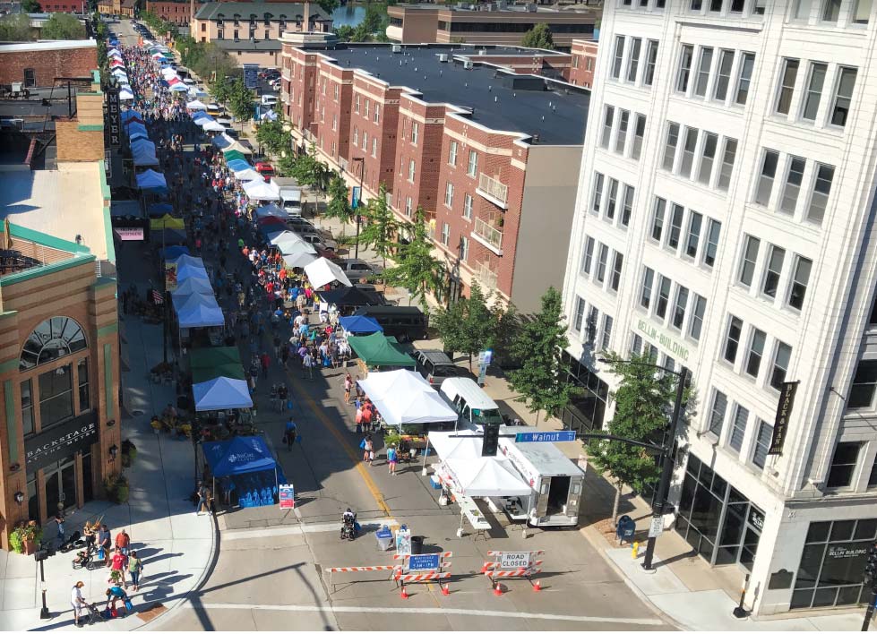 Aerial view of the Green Bay Downtown Farmers Market looking down Washington Street. Photo by Warren Bluhm