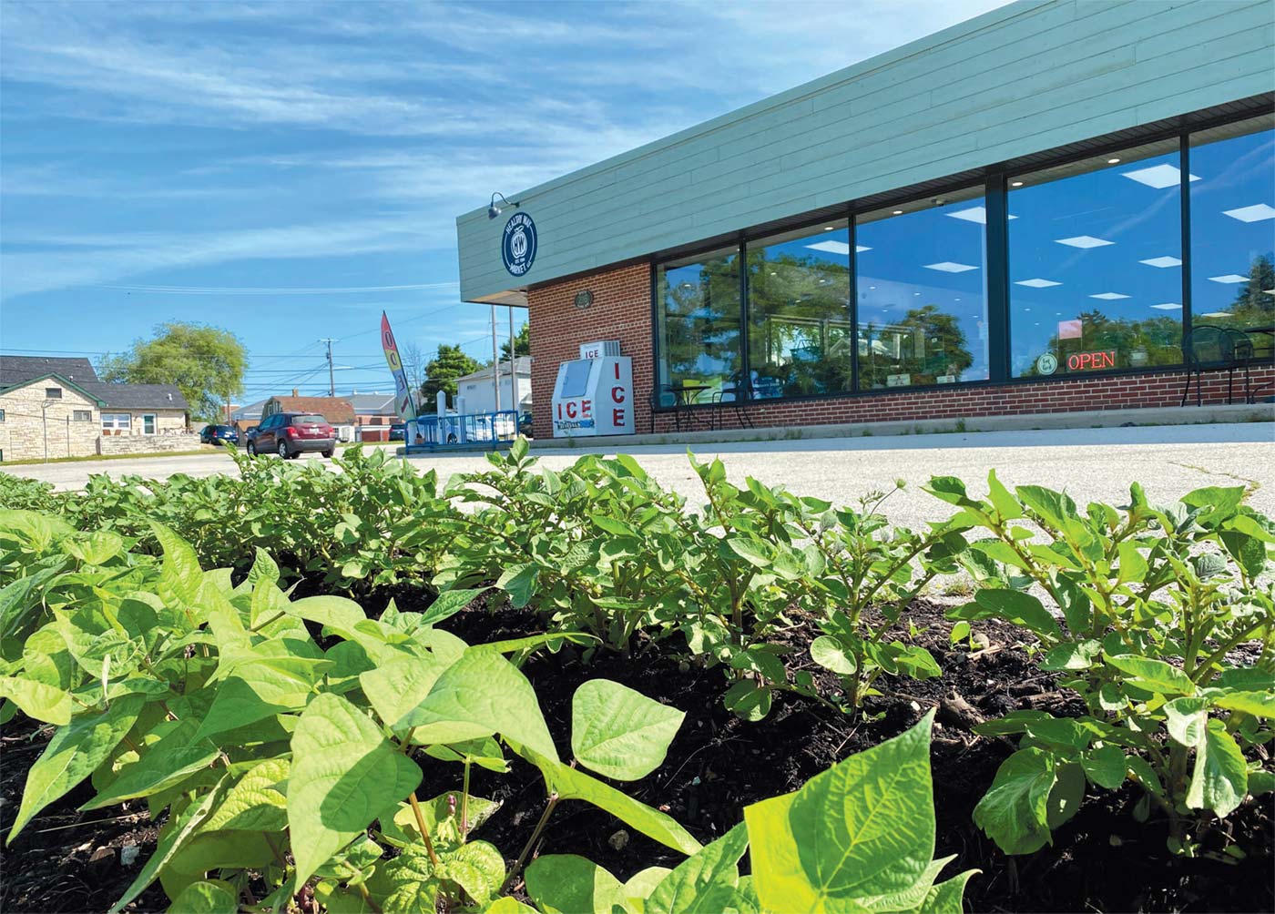 Exterior of The Healthy Way Market with a budding garden. 