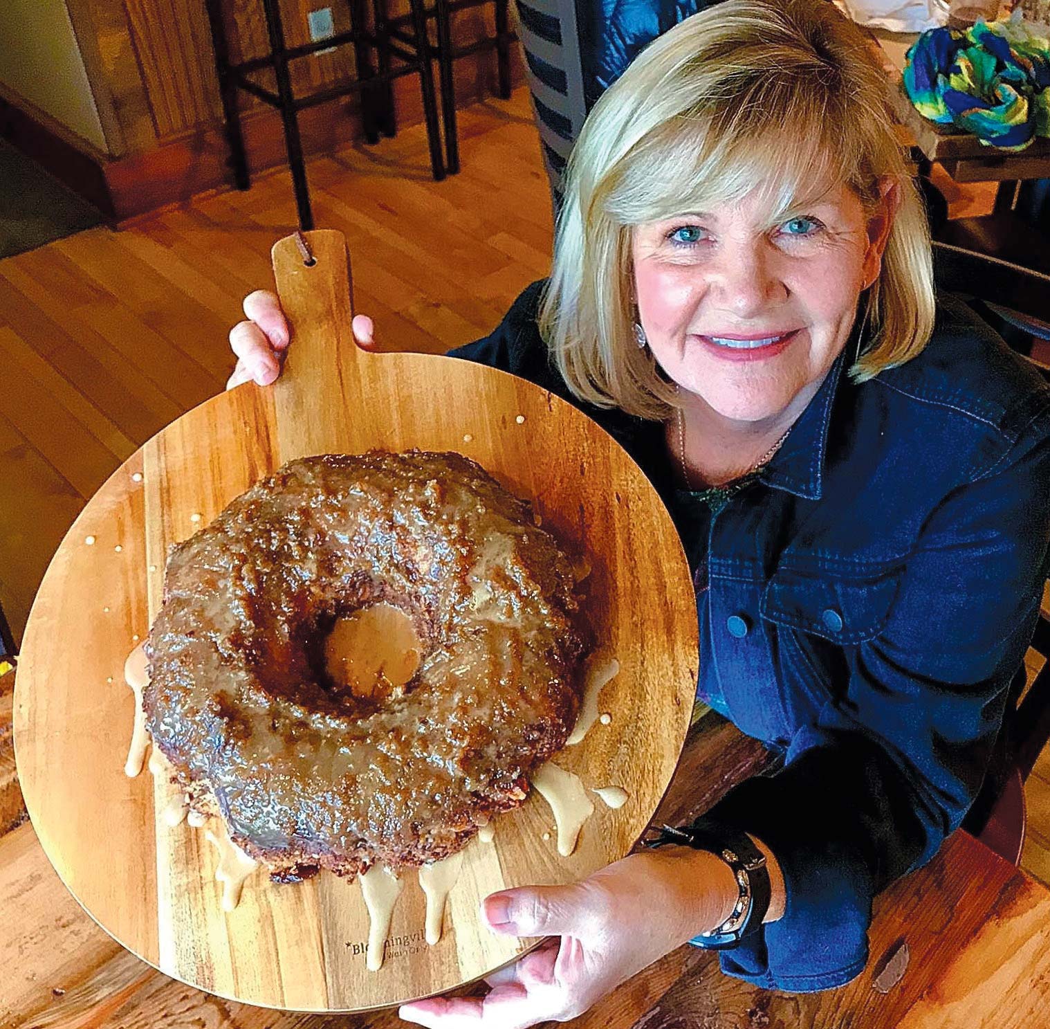 Door County Coffee & Tea Co. owner Vicki Wilson with Linda Bonwill's Pecan Cinnamon Coffee Cake. Contributed Photo
