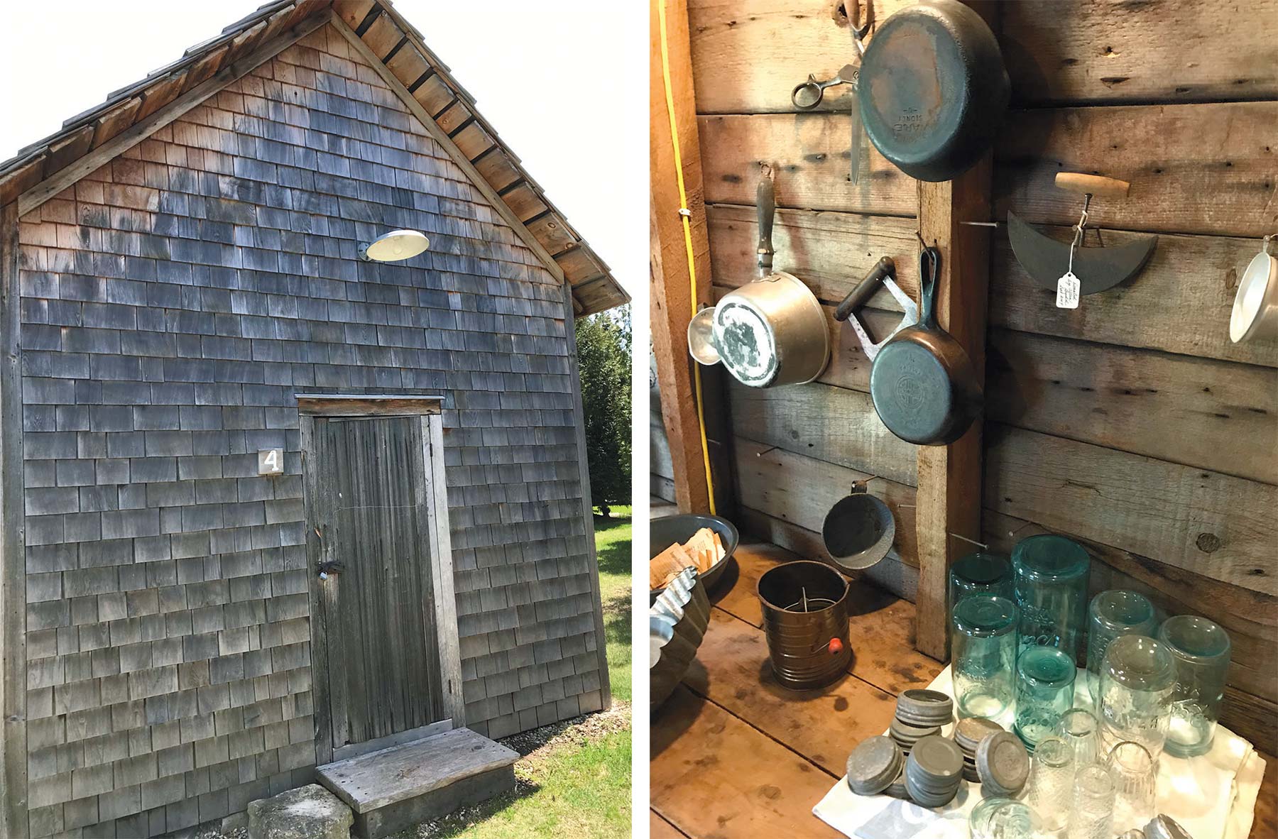 Interior and exterior views of the summer kitchen at the Corner of the Past Museum in Sister Bay.