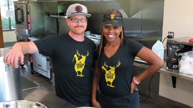 Carlin and Georgina Hatch making a new batch of their Jamaican Door jerk sauce in the the new NWTC kitchen in Sister Bay.