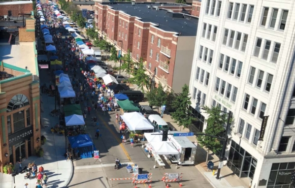 Aerial view of the Green Bay Downtown Farmers Market looking down Washington Street. Photo by Warren Bluhm