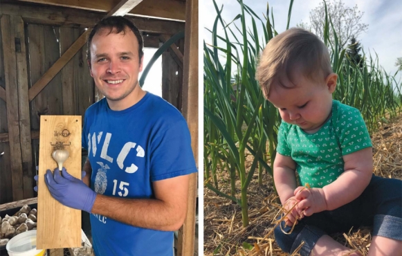 LEFT: Brian Guza with the tool he invented to measure the width of each bulb. If the bulb is 2 inches or more in diameter, that’s considered seed garlic (or planting garlic). Anything less than 2 inches is for eating. RIGHT: Daughter Mary in the garlic field.
