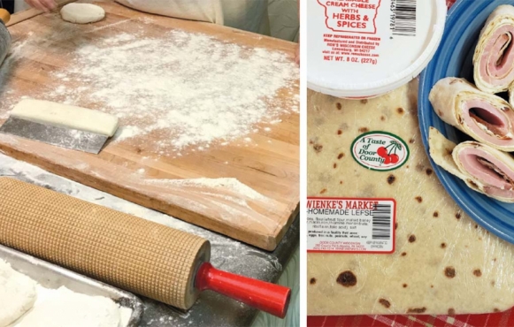 LEFT: A lefse biscuit awaits being rolled out by the uniquely crafted rolling pins. Photo by Leslie Gast. RIGHT: Wienke’s lefse can be used for more than just butter and cinnamon/sugar. Contributed photo