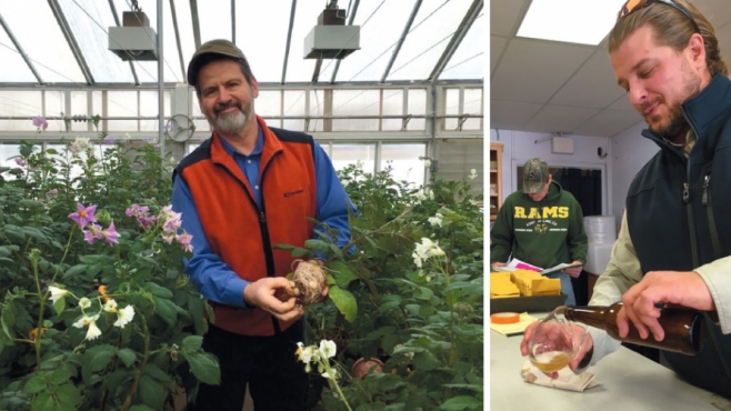 LEFT: Dr. John Bamberg, USDA geneticist and project leader of the genebank. RIGHT: Tim Kaczmierczak, greenhouse technician at the UW-Peninsular Research Station, pours some potato beer.