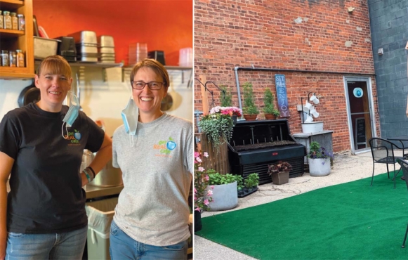 LEFT: Veronica Ripp (on the right) with longtime staffer Katie Henrickson. Photo by Leslie Gast. RIGHT: Outdoor seating has been added behind the café. Contributed photo