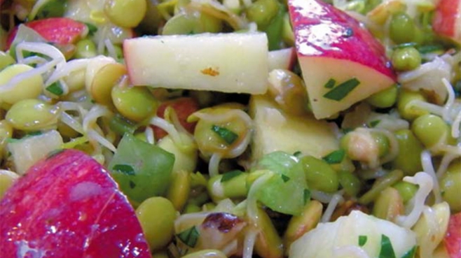 sprouted waldorf salad with apples mung beans and lentils